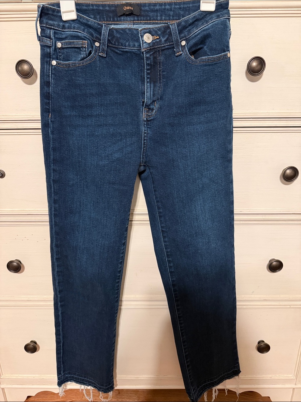 Women’s Quince Deep Indigo Ankle Jeans with frayed bottom